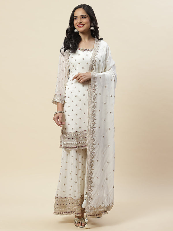 Zari Embroidered Georgette Kurti With Sharara & Dupatta