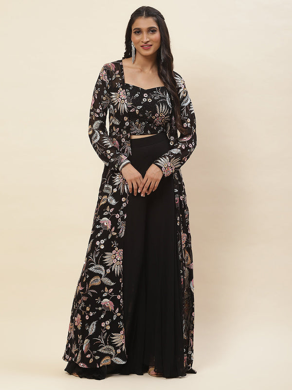 Sequence Embroidered Georgette Crop Top With Palazzo & Jacket