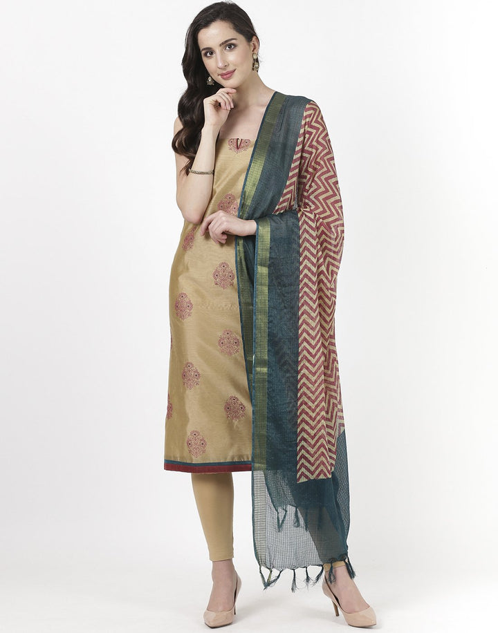 MBZ Meena Bazaar-Beige Lake Blue Chanderi Suit Set