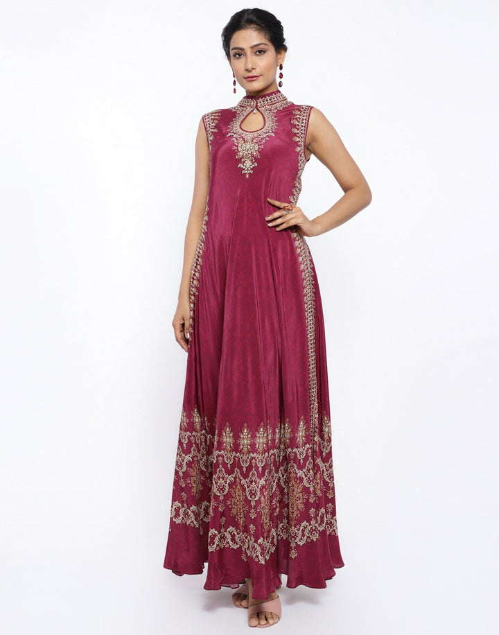 MBZ Meena Bazaar-Green Crepe Digital Printed Long Dress