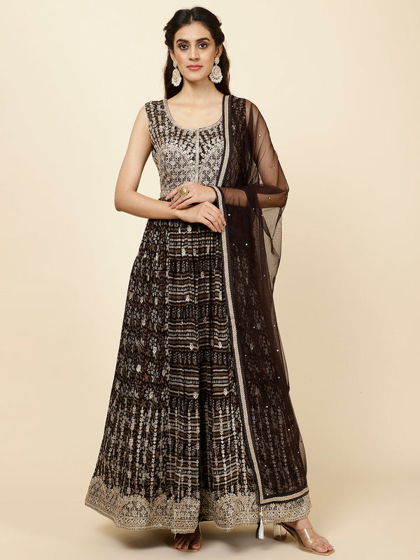 Zari Booti Embroidered Crepe Kurta With Churidar & Dupatta
