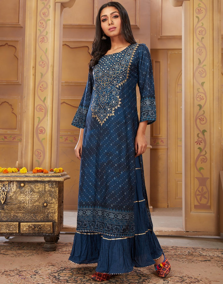 MBZ Meena Bazaar-Blue Cotton Chanderi Kurti