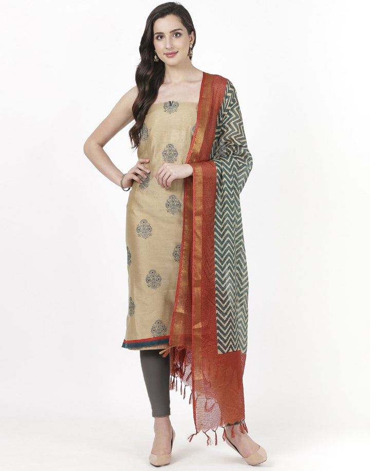 MBZ Meena Bazaar-Beige Lake Blue Chanderi Suit Set