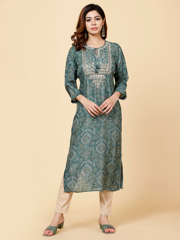Printed & Neck Embroidered Muslin Kurta