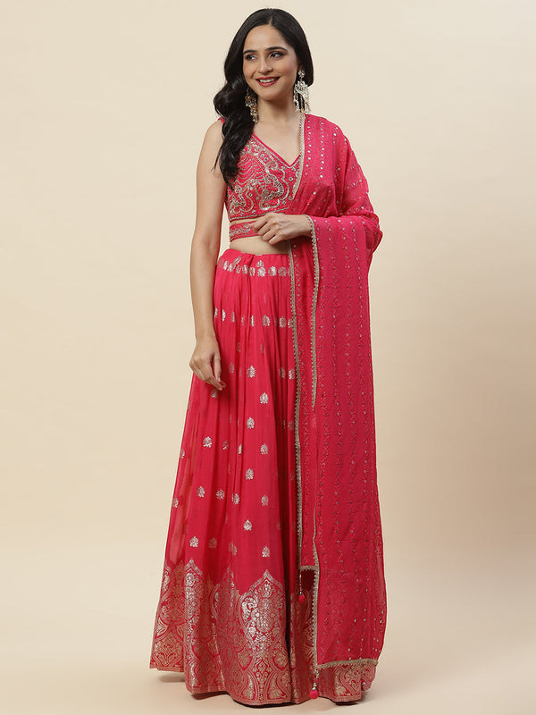 Zari Booti Embroidered Organza Choli With Lehenga & Dupatta