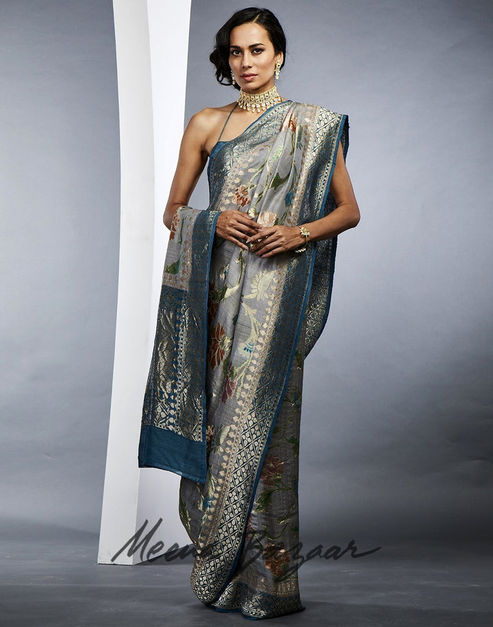 MBZ Meena Bazaar-Grey Banarasi Woven Saree