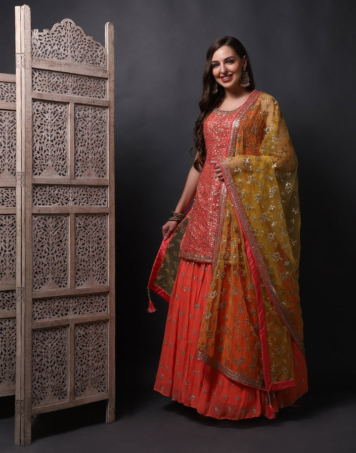 MBZ Meena Bazaar-Coral Yellow Georgette Laacha