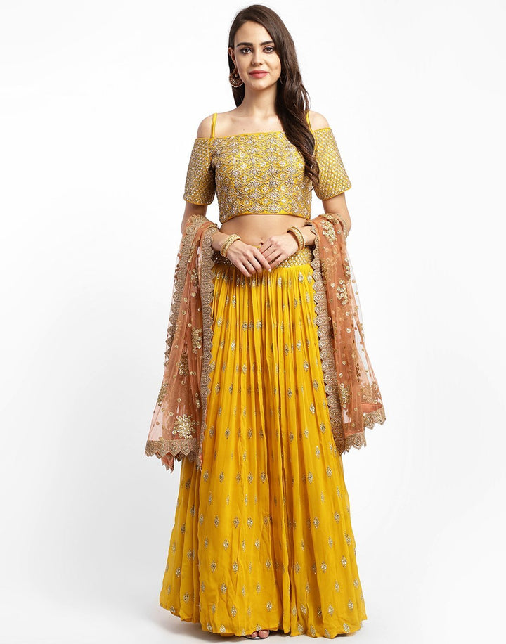 MBZ Meena Bazaar-Elegant Rani Georgette Stitched Lehenga with Net Mustard Dupatta