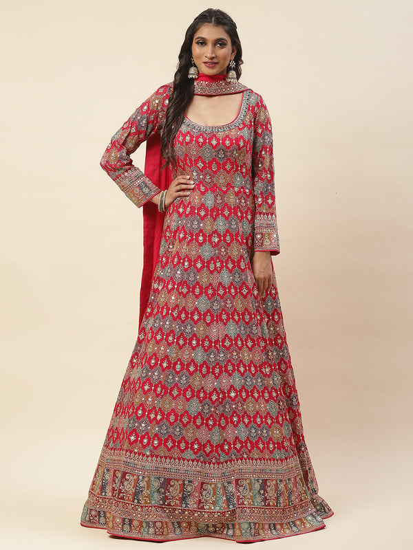 Resham Sequence Embroidered Georgette Anarkali Kurta With Churidar & Dupatta