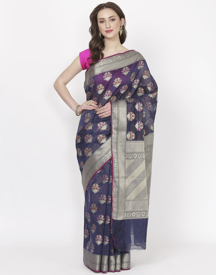 MBZ Meena Bazaar-Navy Blue Cotton Woven Saree
