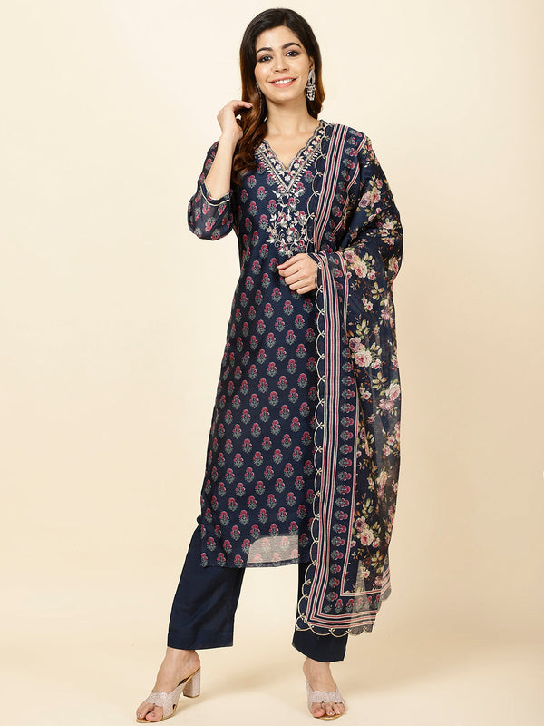 Printed Chanderi Kurta With Pants & Dupatta