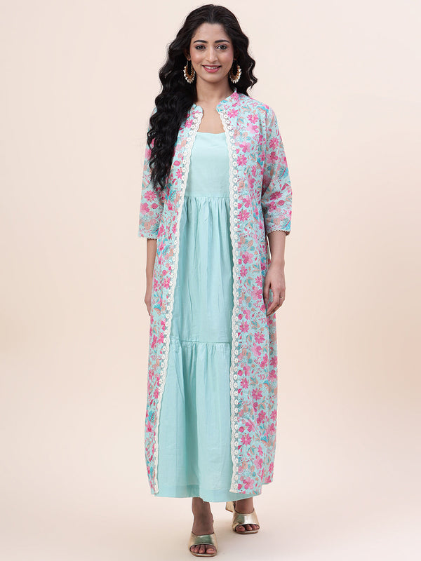 Floral Printed Cotton Gown With Jacket