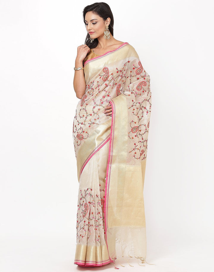MBZ Meena Bazaar-Beige Navy Cotton Tissue Saree