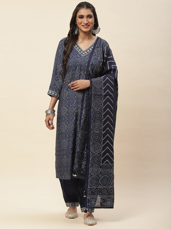 Printed Cotton Kurta With Pants & Dupatta