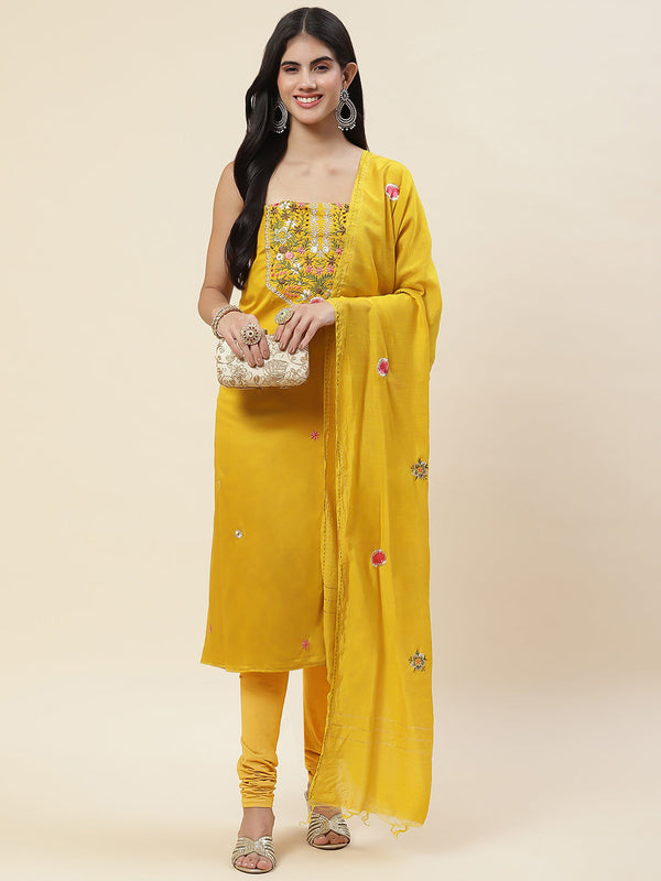 Neck Embroidered Chanderi Unstitched Suit Piece With Dupatta