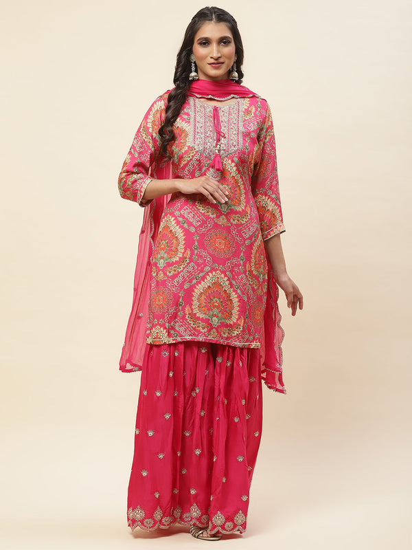 Floral Printed Cotton Kurta With Sharara & Dupatta