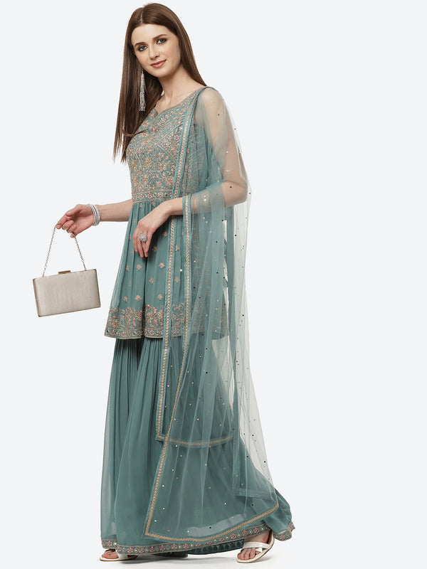 Art Georgette Embroidered Kurti With Sharara And Net Dupatta