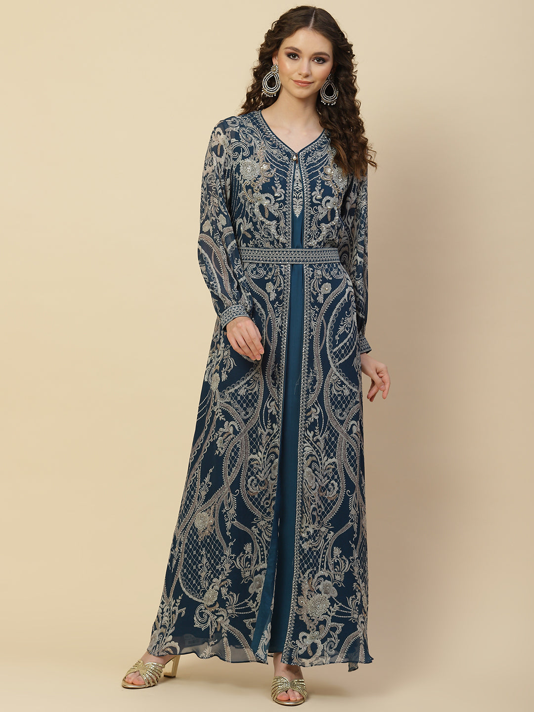Printed Georgette Stitched Flared/A-line Gown(Blue)