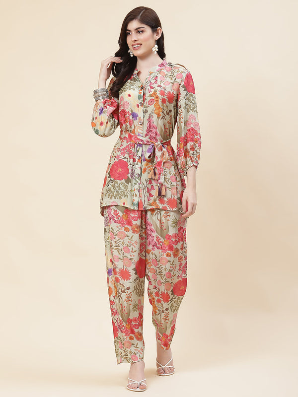 Floral Printed Crepe Co-Ord Set With Belt