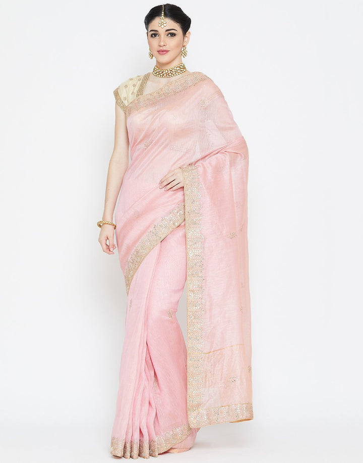 MBZ Meena Bazaar-Pink Cotton Linen Saree
