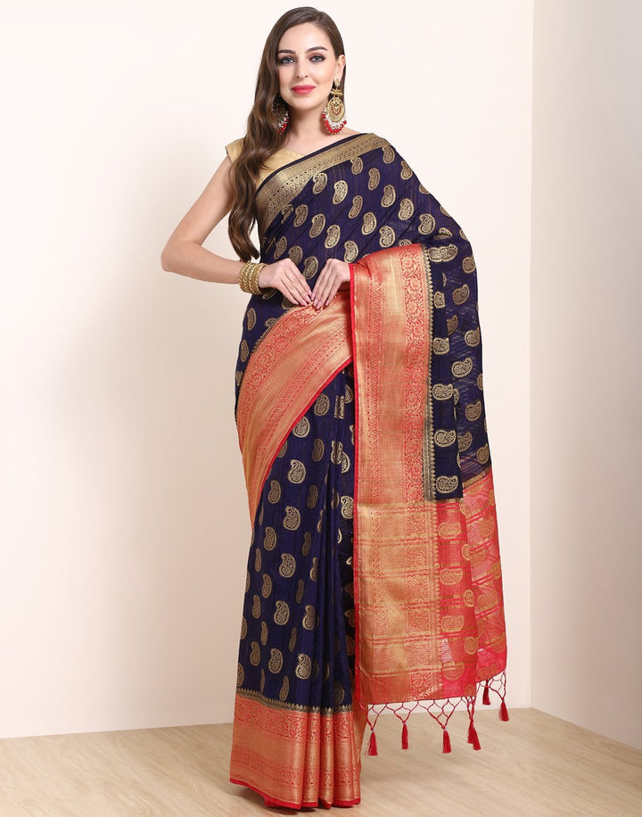 MBZ Meena Bazaar-Navy Blue Art Handloom Saree