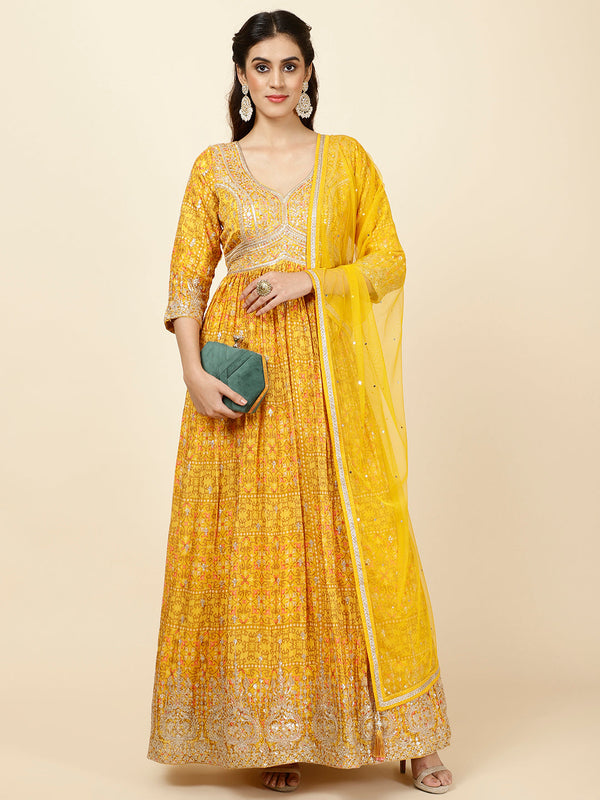 Floral Printed Crepe Kurta With Churidar & Dupatta