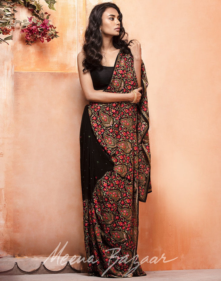 MBZ Meena Bazaar-Black colour georgette Saree With All-over Paisley Thread Embroidery