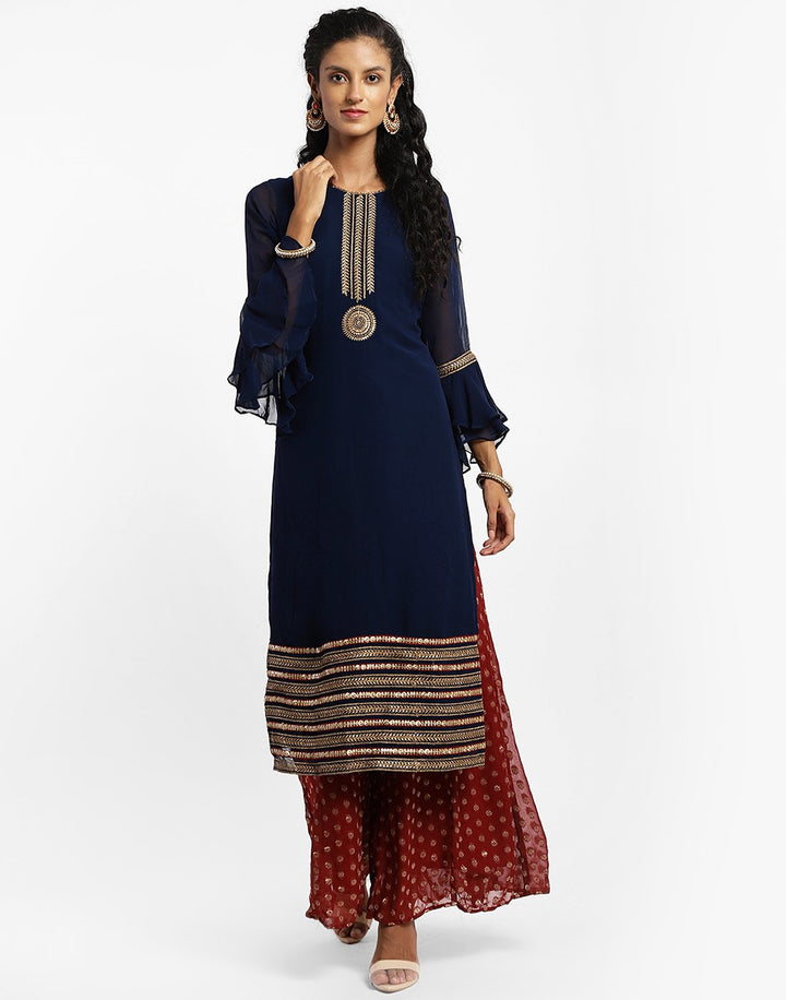 MBZ Meena Bazaar-Beautiful Navy Blue Georgette Salwaar Kameez Stitched Suit