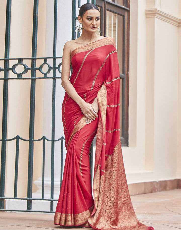 MBZ Meena Bazaar-Red Woven Crepe Saree