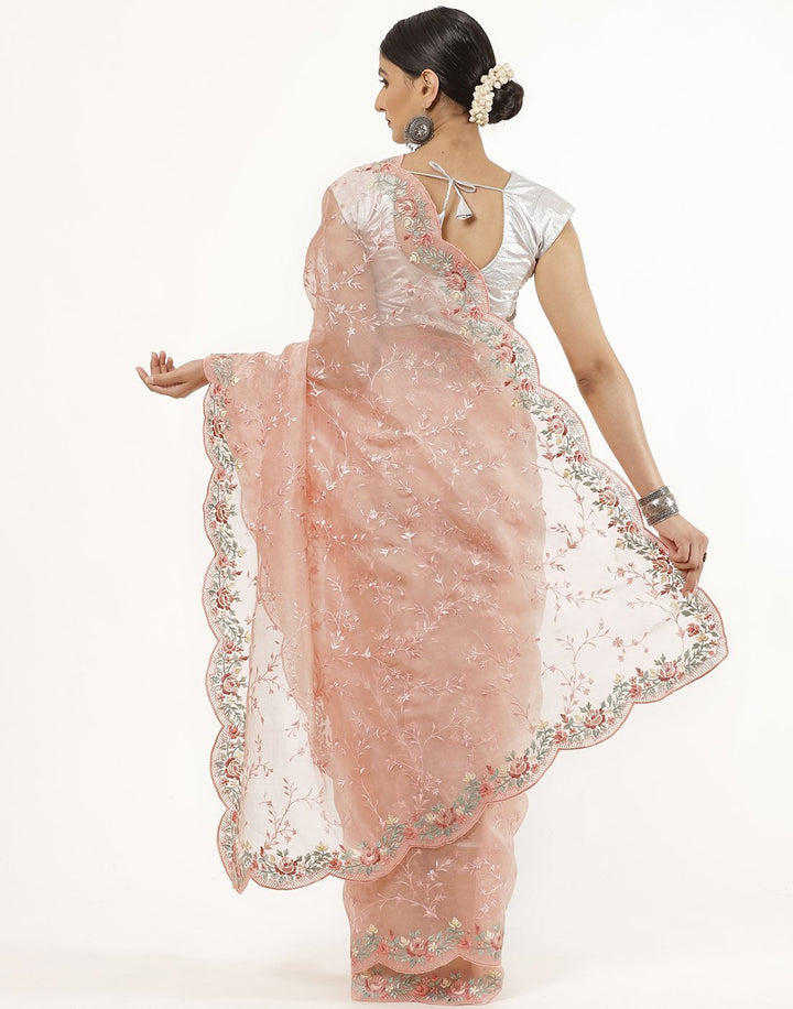 MBZ Meena Bazaar-Organza Silk Saree With Parsi Work