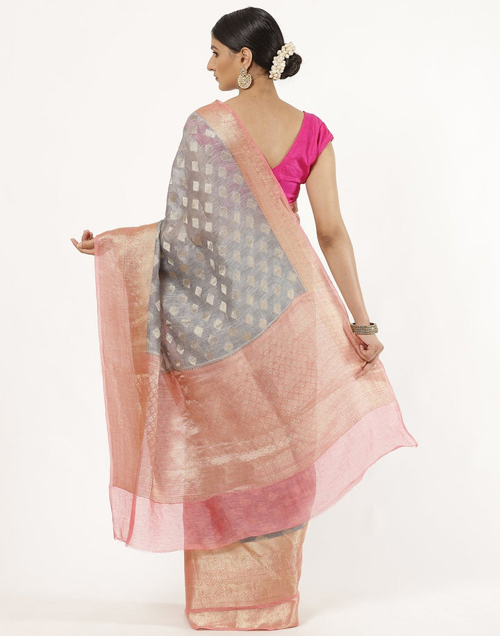 MBZ Meena Bazaar-Cotton Saree With Linen Texture and beautiful Pink Boarder