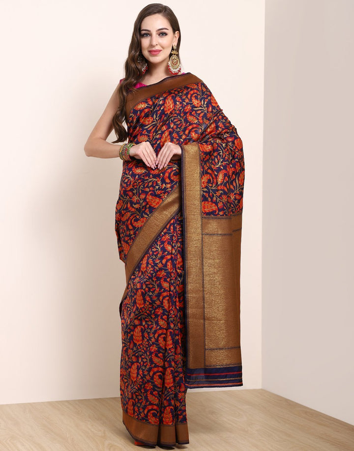 MBZ Meena Bazaar-Navy Blue Orange Banarasi Art Handloom Saree