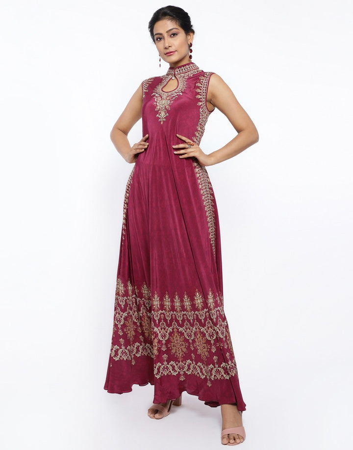 MBZ Meena Bazaar-Green Crepe Digital Printed Long Dress