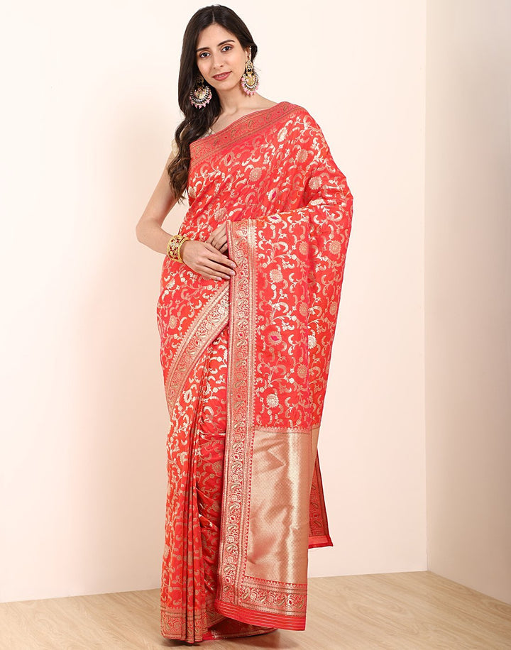MBZ Meena Bazaar-Orange Banarasi Art Handloom Saree