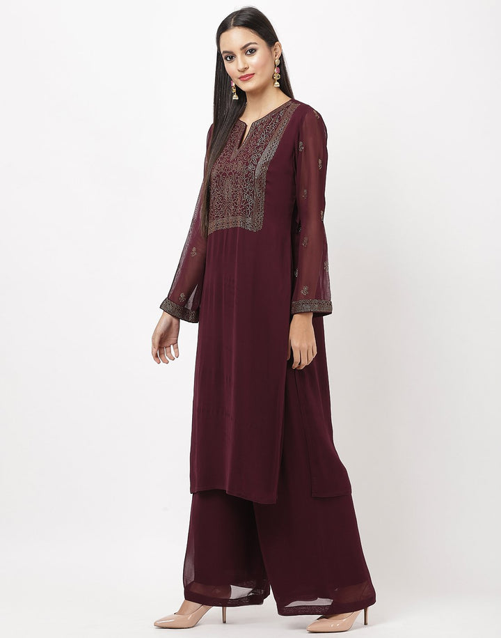 MBZ Meena Bazaar-Wine Georgette Kurti with Palazzo