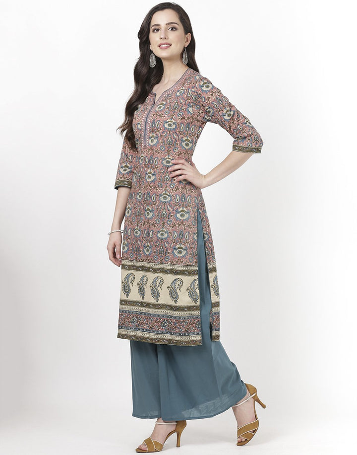 MBZ Meena Bazaar-Pink Teal Blue Cotton Kurti with Palazzo