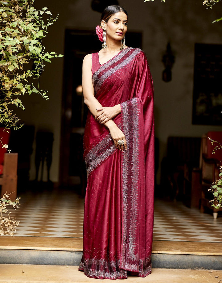 MBZ Meena Bazaar-Satin Silk Saree With Stone Work