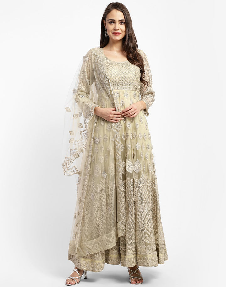 MBZ Meena Bazaar-Beautiful Cream Net Salwar Kameez Stitched Anarkali Suit