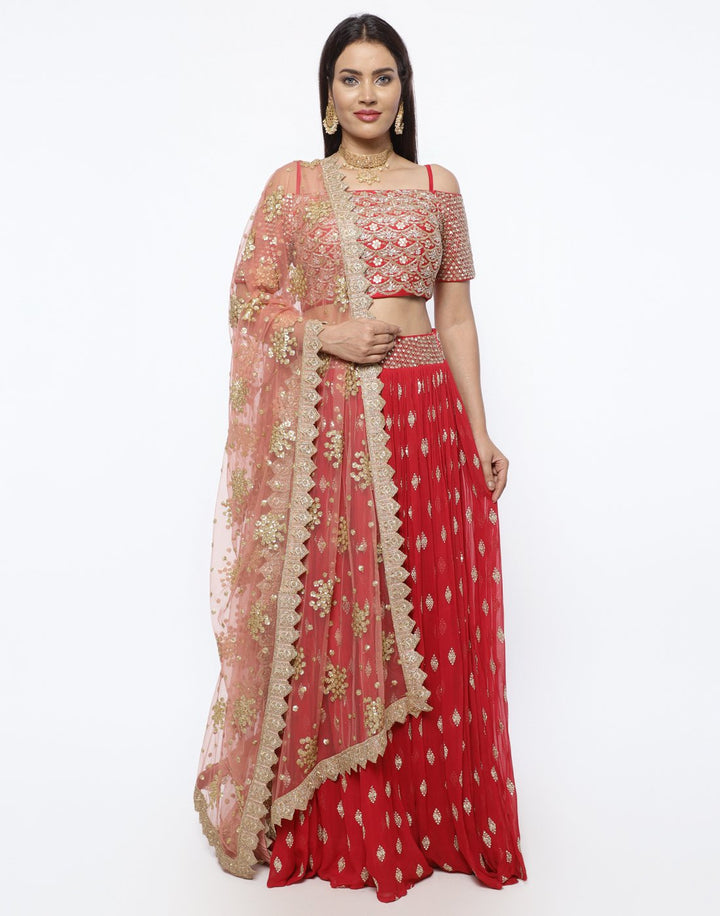 MBZ Meena Bazaar-Elegant Rani Georgette Stitched Lehenga with Net Mustard Dupatta