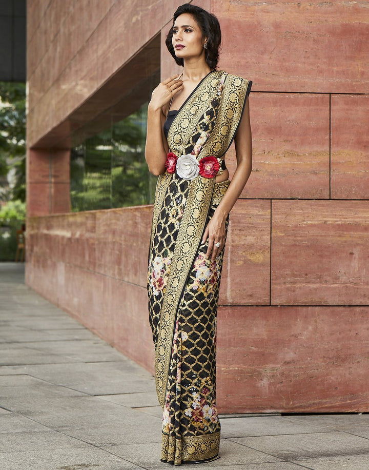 MBZ Meena Bazaar-Black Printed Banarasi Saree