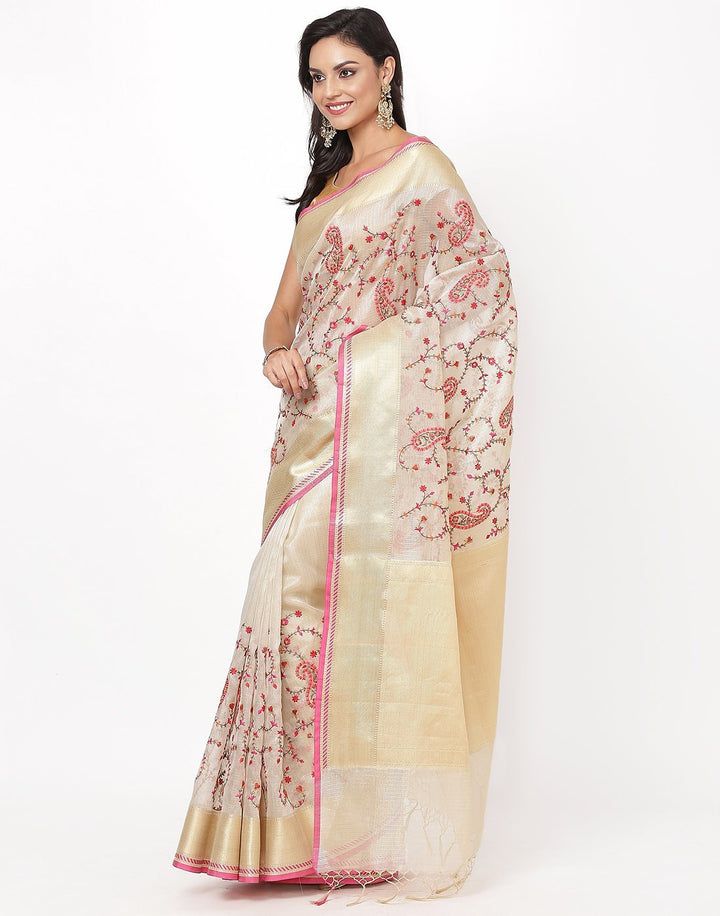 MBZ Meena Bazaar-Beige Navy Cotton Tissue Saree