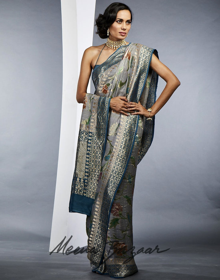 MBZ Meena Bazaar-Grey Banarasi Woven Saree