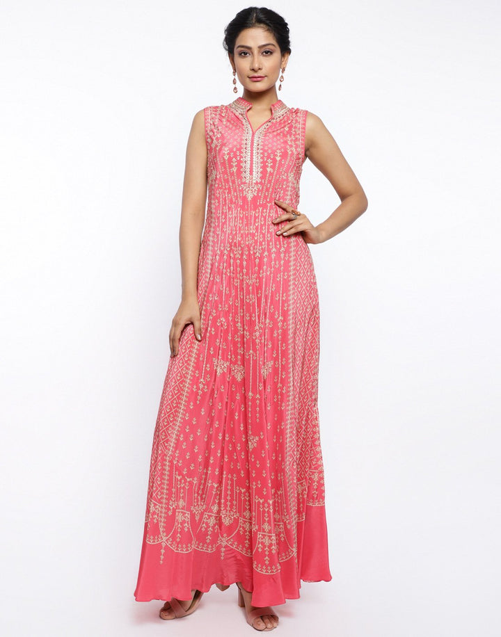 MBZ Meena Bazaar-Coral Pink Crepe Digital Printed Long Dress