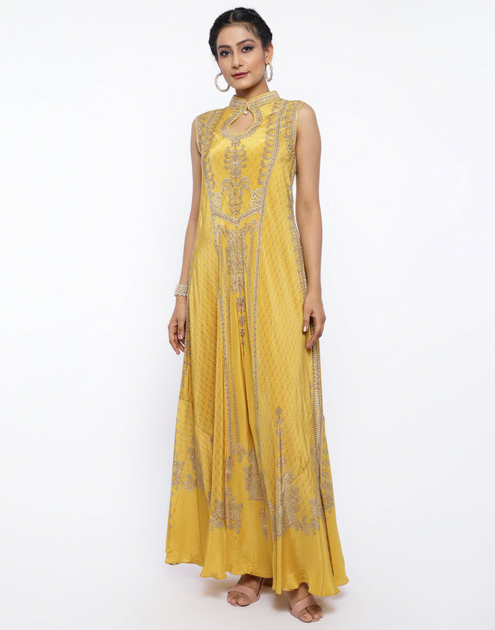 MBZ Meena Bazaar-Mustard Crepe Digital Printed Long Dress