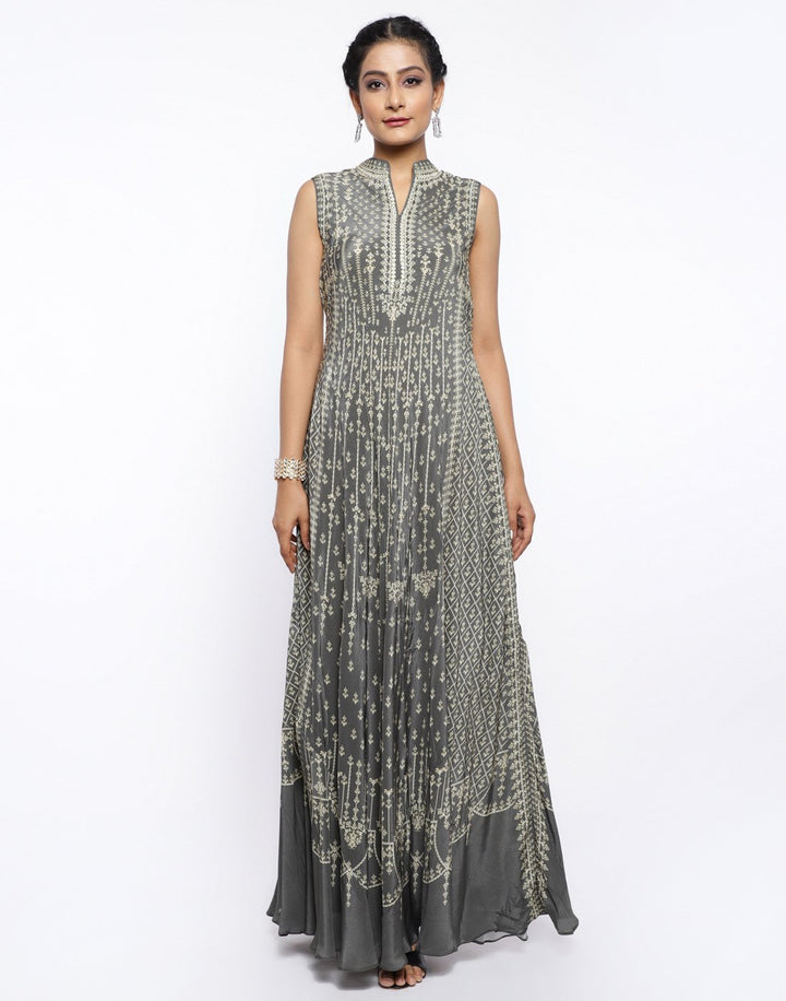 MBZ Meena Bazaar-Coral Pink Crepe Digital Printed Long Dress
