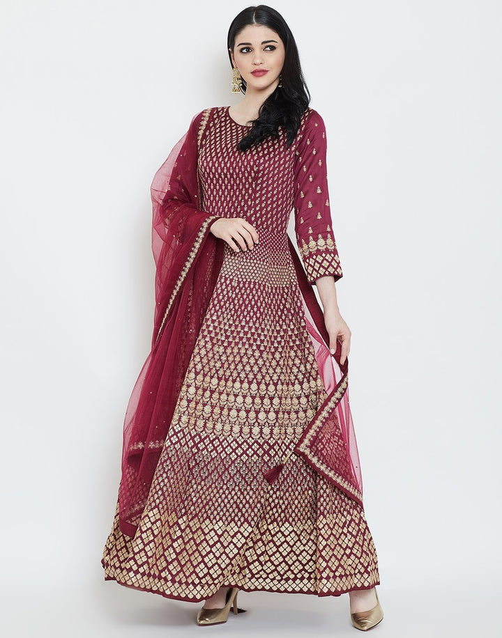MBZ Meena Bazaar-Maroon Cotton Chanderi Salwar Kameez