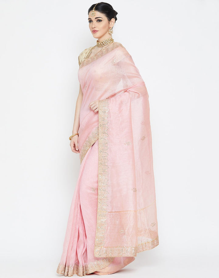 MBZ Meena Bazaar-Pink Cotton Linen Saree