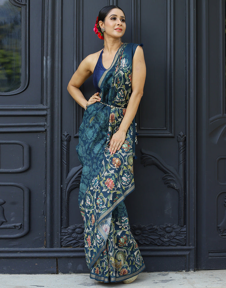 MBZ Meena Bazaar-Blue  Kalamkari Printed Cotton Mirror Work Saree