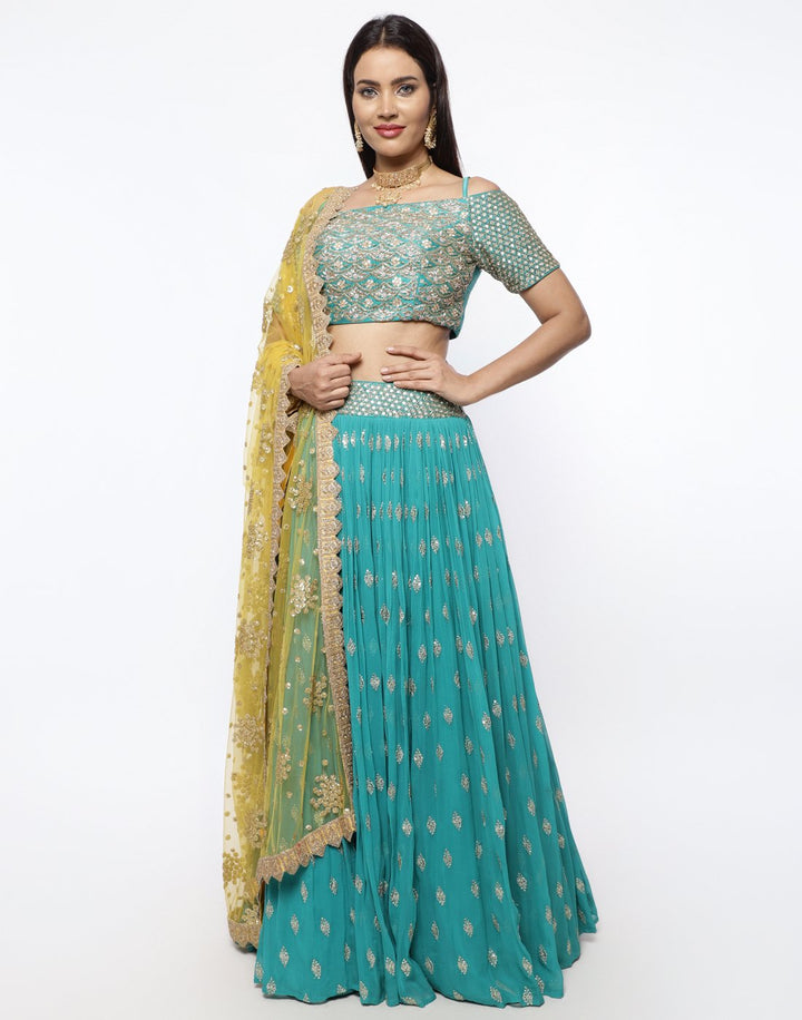 MBZ Meena Bazaar-Elegant Rani Georgette Stitched Lehenga with Net Mustard Dupatta