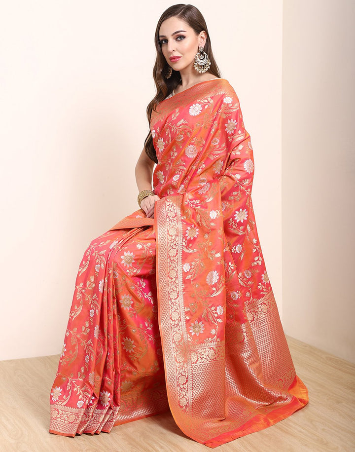 MBZ Meena Bazaar-Orange Banarasi Art Handloom Saree